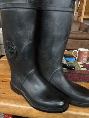 Sperry Black Rubber Tall Rain Boots with Burgundy Lining